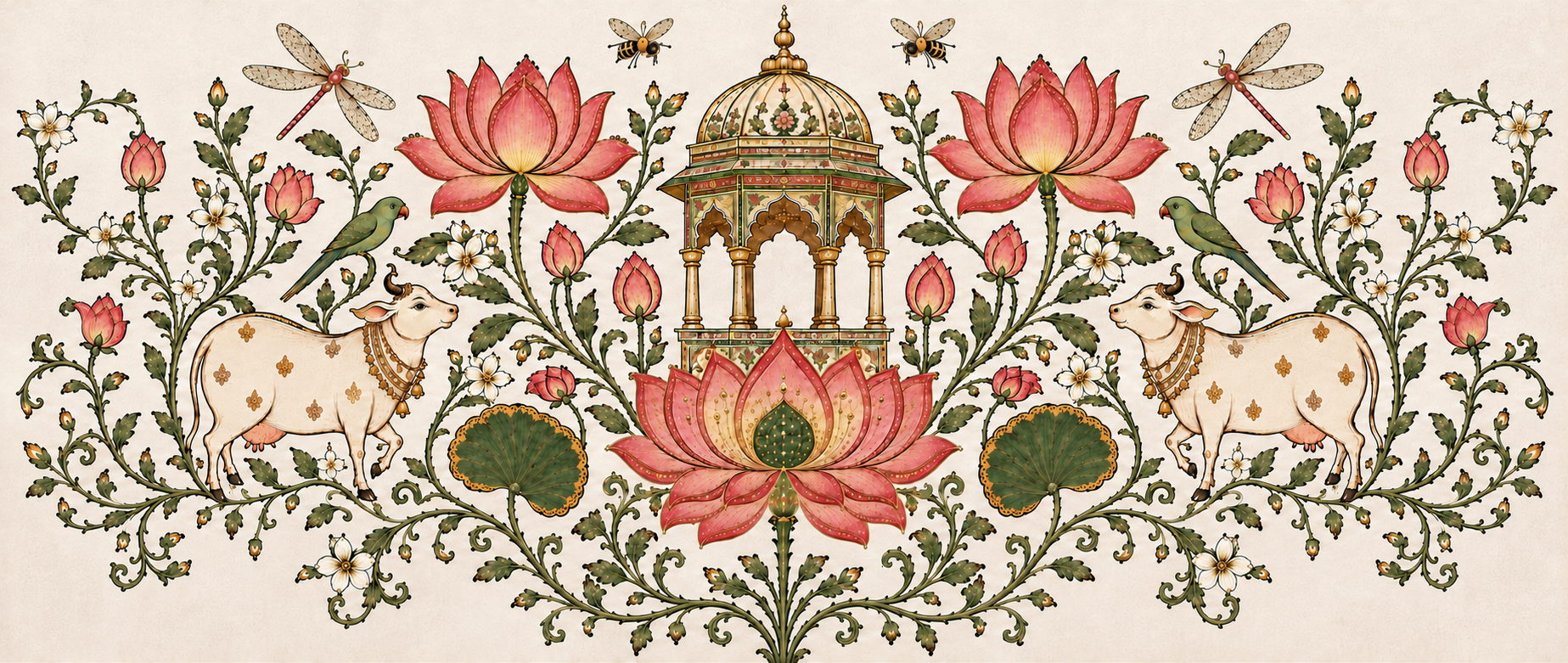 Pink lotus vines, Indian heritage motifs and decorative folk art banner